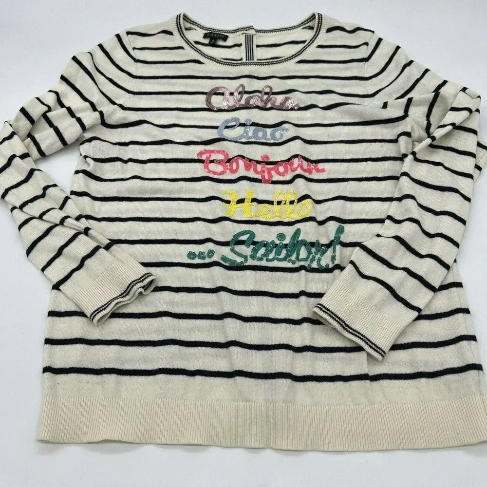 Talbots Getaway Button Back Crew Sweater Aloha Sequin Ivory Sz M
